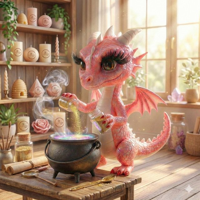 Lumïe la dragonne verse des paillettes dorées dans un chaudron, entourée de bougies Lumïe
