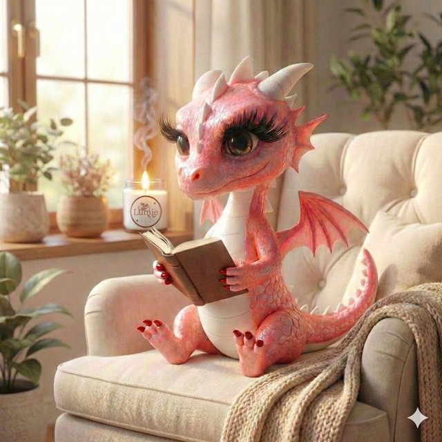 Lumïe la dragonne lit dans un fauteuil, une bougie Lumïe allumée sur le rebord de la fenêtre