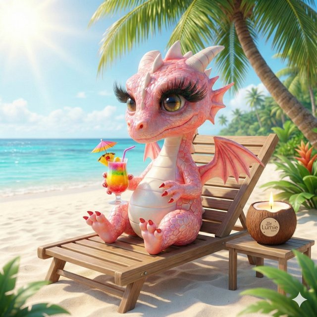 Lumïe la dragonne sur un transat à la plage, une bougie Lumïe dans une noix de coco à côté d'elle
